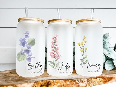 Bridesmaid Proposal - Customized Glass Tumbler - Frosted Glass Tumbler - Bridesmaid Gift - #sublimationdesigns #tumblerdesigns #vinyldesigns #sublimationideas #tumblerwraps #svg Frosted Glass Design Cup, Frosted Mug Design, Frosted Glass Can Designs, Painted Glass Tumblers, Frosted Sublimation Tumbler Ideas, Glass Tumbler Design Sublimation, Frosted Cup Designs, Frosted Glass Cup Design, Sublimation Cup Designs