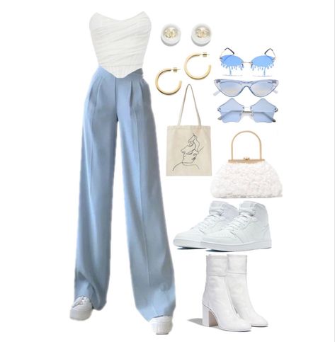 White And Blue Outfits For Women Classy, Blue White And Gold Outfit, How To Style White Corset, Casual Corset Top Outfit, Outfits With White Corset Top, Blue And Gold Outfits Casual, Corset White Outfit, Pastel Blue Fashion, Outfits With White Background