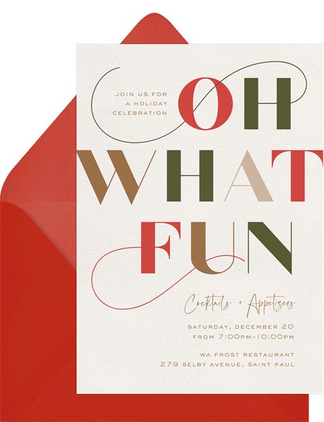 What Fun Invitations in Red | Greenvelope.com Colorful Typography, Corporate Holiday Party, Cocktail Appetizers, Holiday Party Invitation, Fun Invitations, Corporate Party, Holiday Party Invitations, Holiday Celebration, Top Tips