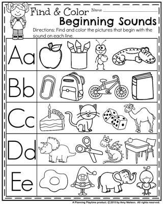 Back to School Preschool Worksheets - Find and Color Beginning Sounds. Sounds Worksheet, Find And Color, Back To School Preschool, Ending Sounds, Beginning Of Kindergarten, Back To School Worksheets, Beginning Sounds Worksheets, Printable Kindergarten, Alphabet Worksheets Preschool