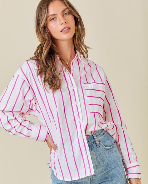 💓💓💓💓💓💓💓💓A gorgeous new button up dropped today! White with 💕hot pink stripes. Non sheer, curved hemline and SO cute! These aren’t long, making them great with shorts. #boutiqueshopping ashandopalboutique.com Blessing Beads, Jumpsuit Jacket, Hat Shop, Pink Stripes, Mens Socks, Pink And White, Set Dress, Night Gown, Final Sale