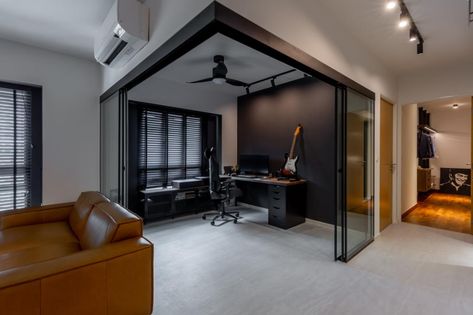 All Black Room, All Black Bathroom, Open Concept Bathroom, All Black Kitchen, Singapore House, Glass Wall Office, Black Bedroom Design, Study Room Design, House Interior Design Styles