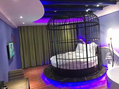 Dungeon Cell, Cage Bedroom, Cage Bed, Iron Bird Cage, Suspended Bed, Themed Hotel Rooms, Circle Bed, Dungeon Room, European Princess