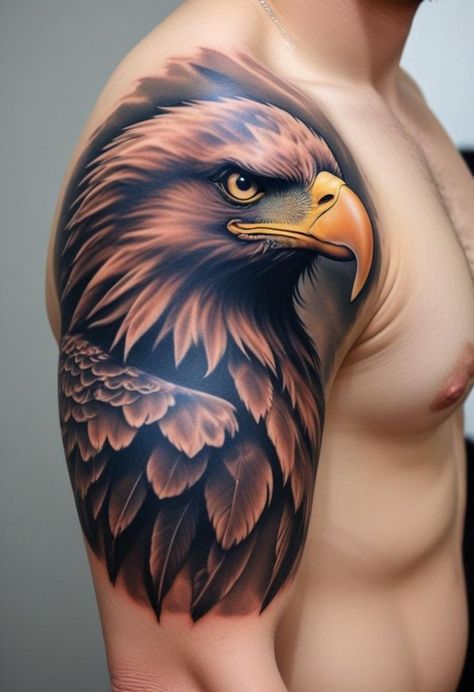 Eagle Tattoo Arm, Eagle Shoulder Tattoo, Eagle Tattoo Design, Forearm Cover Up Tattoos, Tattoo Eagle, Shoulder And Arm Tattoo, Kalibo, Tiger Tattoo Sleeve, Lion Head Tattoos