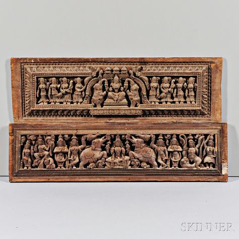 Lot 61 - Two Wooden Lintel Friezes, India, both depicting a four-armed Lakshmi, the Hindu goddess of wealth Wooden Lintel, Indian Inspired Decor, Pooja Door Design, Wood Wall Design, Goddess Of Wealth, Vintage Brass Decor, Wood Carving Furniture, Ancient Indian Architecture, India Home Decor