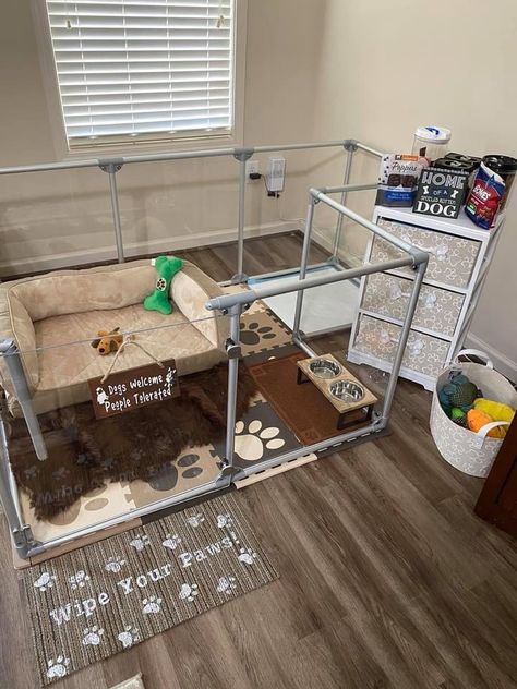 Dog Proof Bedroom, Dog Section In Bedroom, Dog Area Set Up, Dog Playpen Setup, Puppy Play Pin Ideas, Dog Corner Ideas Small Spaces Bedroom, Dog Cage Set Up, Dog Space In Apartment, Cute Puppy Set Ups