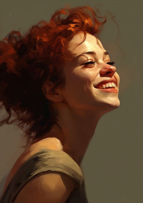 Beautiful woman, red hair, redhead, bust, model, exaggerated expression, happy, smile Female Face Art Reference, Looking Up Face Drawing, Smiling Portrait Painting, Face Looking Down Reference, Smile References Drawing, Portrait Art Reference, Smile Digital Art, Painterly Digital Art, Smile Reference