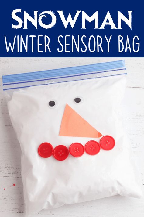 This snowman winter sensory bag uses fake snow and shaving cream to make a squishy mess-free sensory toy that babies and toddlers will love.  #sensorybags #wintersensoryplay #kidsactivities #snowmansensorybag #wintersensorybags Snowman In A Bag, Winter Sensory, Snowmen Activities, Sensory Bag, Sensory Bags, Snowman Craft, Snow Theme, Stem Crafts, Fake Snow