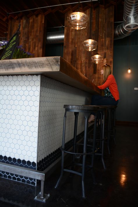 Brick and Tin reclaimed wood bar top and hex tile bar front. Tiled Bar Fronts, Tiled Bar Counter, Tiled Bar, Taproom Ideas, Tile Bar, Reclaimed Wood Bar, Wood Bar Top, Bar Tile, Reclaimed Wood Bars