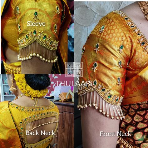 Blouse Designs With Hanging Beads, Hanging Beads On Blouse Sleeves, Blouse Hand Hanging Beads, Sleeve Hangings For Blouse, Beads For Blouse Sleeves, Hangings For Blouse Hands, Beads Hangings For Blouse Hands, Hanging Beads Work On Blouse Sleeve, Bridal Aari Blouse