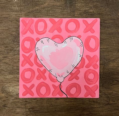 "a small 4\" x 4\" canvas painting of a heart balloon, perfect for valentine's or galentine's day!" Heart Drawing Canvas, Barbie Inspired Painting, Cute Diy Paintings For Room, Cute But Easy Painting Ideas, Simplistic Canvas Painting, Cool Canvas Painting Ideas Wall Decor, Valentine Day Canvas Painting, Acrylic Painting Valentines Day, Cute And Simple Paintings