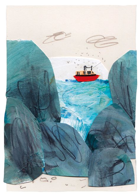 Boat - Cornwall Contemporary Collage Landscape, Boat Illustration, Paper Collage Art, Picture Books Illustration, Collage Illustration, Paper Cut Art, Childrens Illustrations, Mark Making, Painted Paper