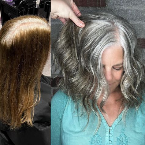 Dark Hair Gray Blending with Silvered Roots Gray Blending Dark Hair, Grey Roots Blending Dark Hair, Grey Hair Blending, Grey Transition, Grey Hair Roots, Gray Roots, Gray Blending, Grey Blending, Hair Blending