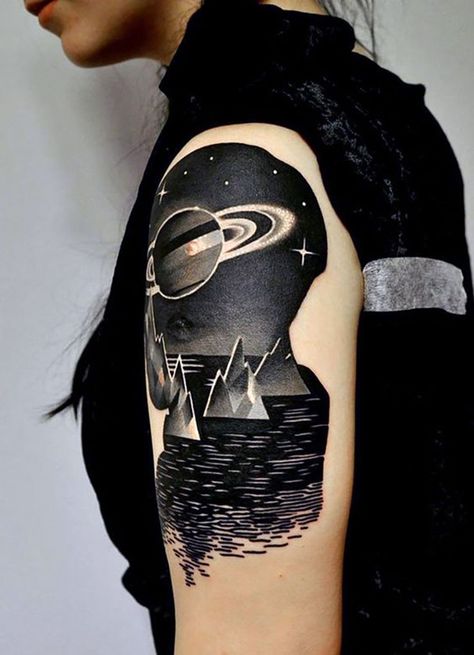 40 Oh-So Cool Blackout Tattoo Designs - Rise of a new Trend Tattoo Ideas Black And White, Space Tattoo Ideas, Tattoo Ideas Black, Astronomy Tattoo, Cosmic Tattoo, Negative Space Tattoo, M Tattoos, Blackout Tattoo, Galaxy Tattoo