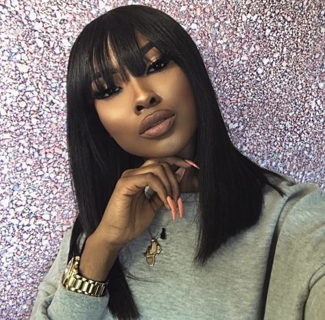 Chinese Bangs Black Women Natural Hair, Hair Styles With Bangs Black Women, Bangs African American Hair, Long Bob With Bangs Black Women, Black Women Hairstyles With Bangs, Black Women Bangstyle Hair, Bob With Bangs Black Women, Bob With Bangs For Black Women, Bangs Hairstyles For Black Women