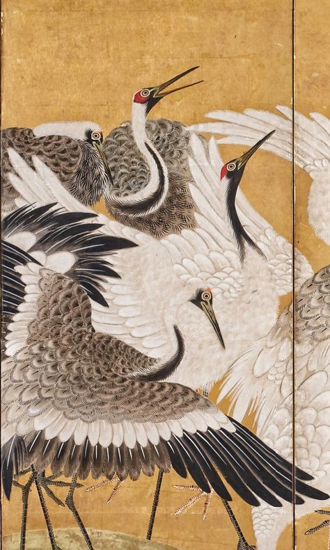 Detail. MIA’s Flock of Cranes, second half 18th century.  Ishida Yūtei. Japanese folding screen.  Ink, color, and gold on gilded paper. Minneapolis Institute of Art. Rustic Bed Design, King Size Bed Designs, Home Interior Inspiration, Luxury Home Interior, Simple Bed Designs, Bed Design Ideas, Home Interior Design Ideas, Design House Interior, Interior Design House