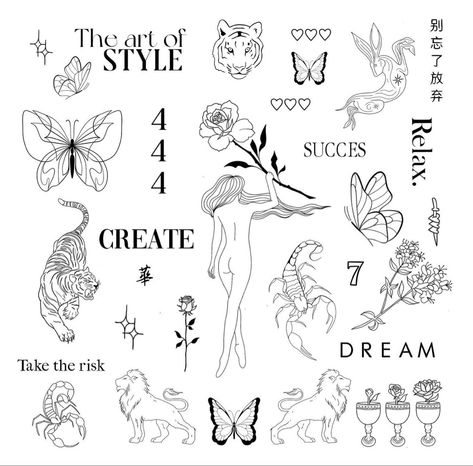 Cute ideas for tattoos 🥰 Unique Random Tattoos, Patchwork Tattoo Different Styles, Patchwork Tattoo Stencil, Fine Line Tattoo Leg, Whimsical Patchwork Tattoos, Illustrative Patchwork Tattoo, Woman’s Patchwork Tattoo, Woman’s Patchwork Sleeve Tattoo, Random Tattoo Ideas