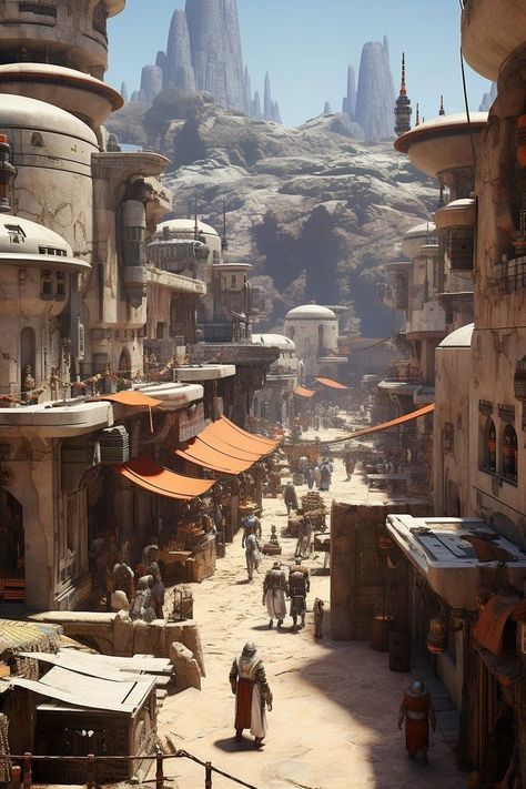 Starwars Concept Art Landscape, Star Wars Cities Concept Art, Star Wars City Concept Art, Starwars Landscape Art, Desertpunk City, Space Colony Concept Art, Science Fantasy City, Starwars Architecture, Starwars Landscape