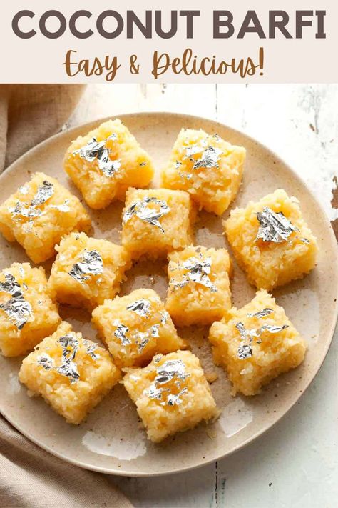 Here's a delightful coconut barfi recipe made with desiccated coconut, fresh milk, condensed milk, and ghee. This easy coconut sweet that resembles fudge is always a hit during the festive season, but who's to say you can't have it otherwise? Made with just four ingredients, it's an Indian mithai you can't do without! Sweet Potato Dessert Recipes Easy, Potato Dessert Recipes, Sweet Potato Dessert Recipes, Coconut Barfi Recipe, Coconut Barfi, Dessert Recipes Healthy, Indian Mithai, Coconut Burfi, Barfi Recipe