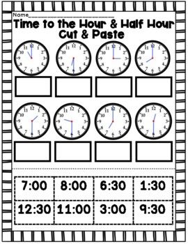 Learn to tell time to the hour and half hour with this cut and paste practice worksheet. #tellingtime #time #math Clock Games For Kids, Time To The Half Hour, Math Worksheets For Kids, Homeschool Binder, Telling Time To The Hour, Letters Worksheets, Fun Math Worksheets, Telling Time Worksheets, Afrikaans Language