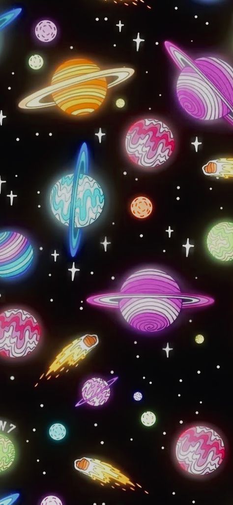 Neon Planets Wallpaper, Colorful Doodle Wallpaper, Y2k Space Wallpaper, Hyper Pop Wallpaper, Cute Neon Wallpapers, Retro Space Aesthetic Wallpaper, Solar System Wallpaper Aesthetic, Space Wallpaper Cute, Neon Space Wallpaper