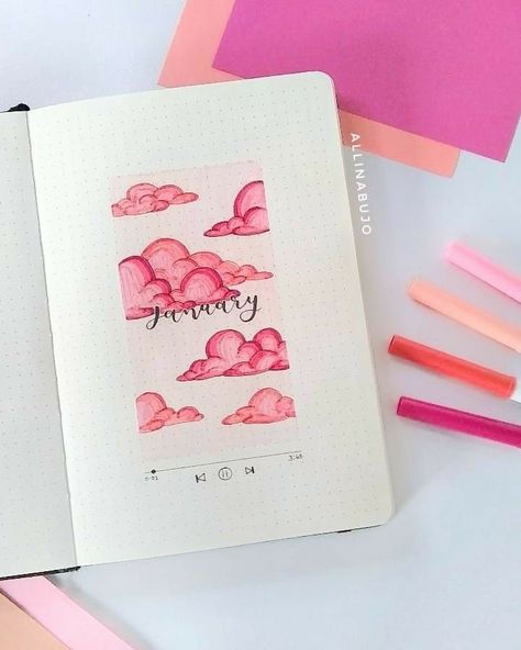 January Journal Page Ideas, Clouds Bujo Theme, Candy Bujo Theme, Cloud Bujo Theme, January Aesthetic Drawing, Cloud Bujo, Bullet Journal January Theme, Clouds Journal, January Bujo Theme