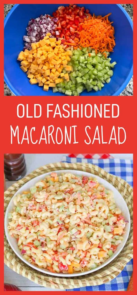 Old fashioned macaroni salad is a popular cookout and potluck side dish. This recipe combines a tangy creamy dressing with macaroni pasta, red bell pepper, cheddar cheese, carrots, celery, and red onion for a delicious salad. Pasta Salad With Carrots, Old Fashioned Macaroni Salad, Pineapple Chicken Kebabs, Cheese Carrots, Classic Macaroni Salad, Potluck Side Dishes, Carrots Celery, Macaroni Salad Recipe, Creamy Dressing