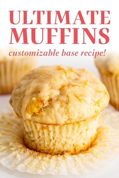 This Ultimate Muffin recipe is THE master muffin base that is perfectly flavorful, tender, and moist. The flavor and add-in options are limitless! Chocolate chip, blueberry, coffee cake with cinnamon crumb topping - this easy homemade recipe can yield your version of perfect and moist muffins! Jumbo Muffin Recipes, Moist Muffin Recipe, Muffin Base, Basic Muffin Recipe, Cups Recipes, French Toast Waffles, Fruit Muffins, Jumbo Muffins, Moist Muffins