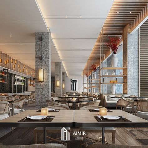 Restaurant Ceiling Design Modern, Restaurant Interior Design Modern, Restaurant Lighting Design, Column Cladding, Hotel Restaurant Design, Cafeteria Design, Hotel Buffet, Interior Hotel, Modern Restaurant Design