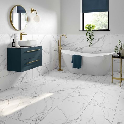 Bathroom Inspiration Blue, Blue Bathroom Ideas Decoration, Blue Bathroom Inspiration, Blue And White Bathroom Ideas, Bathroom Tiles Blue, Ensuite Bathroom Layout, Bathroom Vanity Blue, White Bathroom Inspiration, White Marble Tile Bathroom