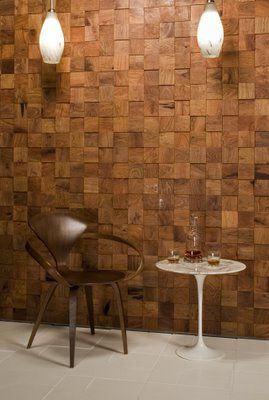 salvaged wood tile wall End Grain Flooring, Wood Wall Tiles, Ann Sacks Tiles, Walnut Wall, Restaurant Ideas, Wood Panels, Wall Cladding, Wood Tile, Wall Treatments