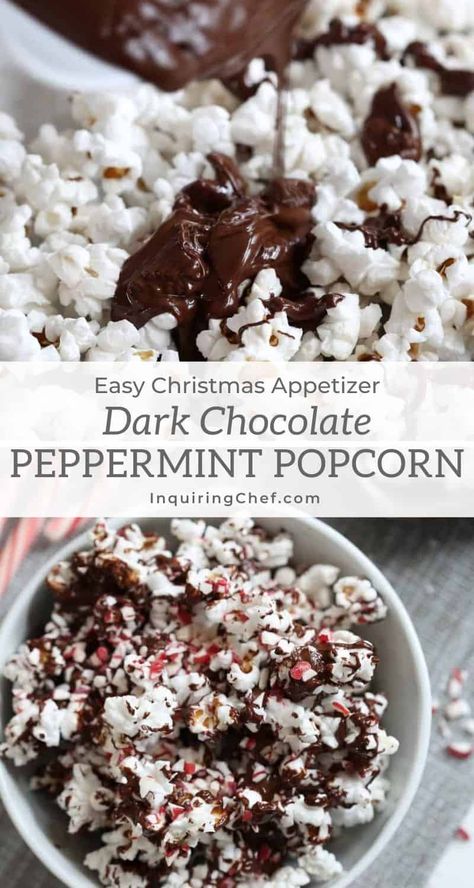 Peppermint Chocolate Popcorn, Christmas Popcorn Bags Ideas, Dark Chocolate Popcorn, Christmas Popcorn Mix Recipes, Winter Popcorn, Specialty Popcorn, Peppermint Popcorn Recipe, Christmas Popcorn Recipes, Easy Holiday Snacks