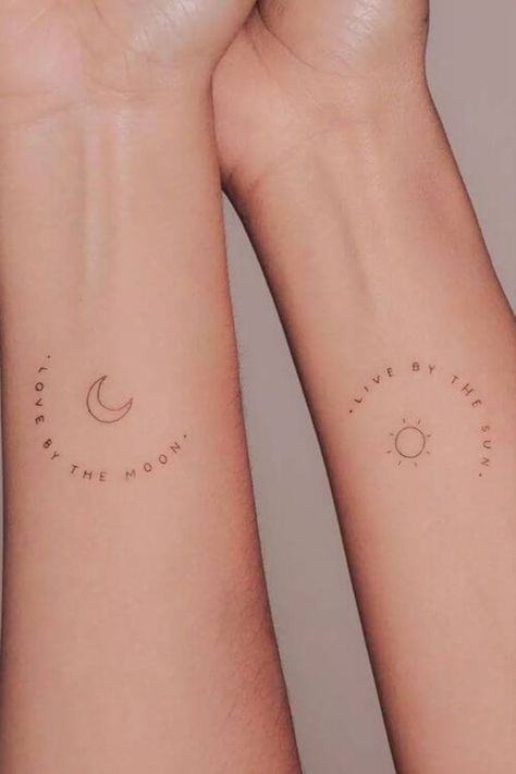 Set Tattoo Friends Minimal, Mini Friendship Tattoos Best Friends, Night And Day Tattoos Sisters, Fine Line Sun And Moon Tattoo Matching, Matching Tattoos For Best Friends Behind Ear, Long Friendship Tattoos, Best Friend Tattoos Collar Bone, Best Friends Small Tattoos, Word Tattoos For Best Friends