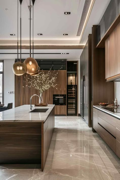 Walnut Modern Kitchen Cabinets, Minimalistic Modern Kitchen, Neutral Contemporary Kitchen, Black And Wood Modern Kitchen, Modern Wood Kitchen Design, Minimalist Interior Design Kitchen, Kitchen Ideas Japandi, Californian Kitchen, Kitchen Modern Design Luxury