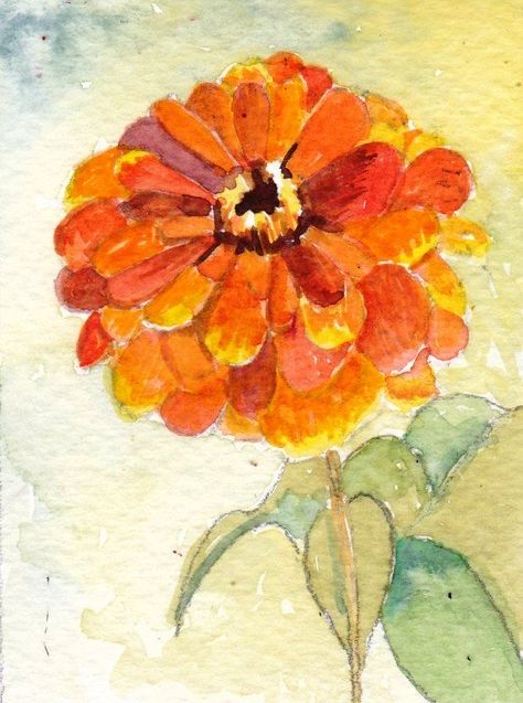 Watercolor Marigolds, Zinnia Watercolor, Watercolor Tattoo Ideas, Painting Skills, Watercolor Paintings For Beginners, Watercolor Pictures, Watercolor Projects, Art And Crafts, Flower Watercolor