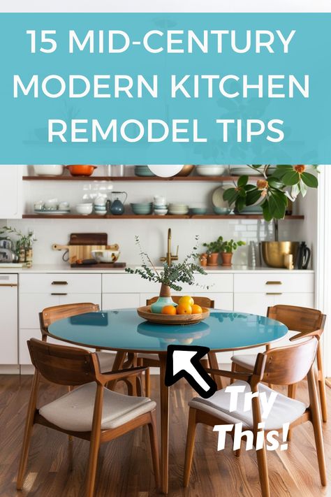 Remodel your kitchen to feature mid-century modern design with these tips and tricks. Mid Century Modern Eat In Kitchen, Small Mcm Kitchen, Kitchen Design Mid Century Modern, Mid Century Modern Backsplash, Midcentury Kitchen Remodel, Mcm Diy, Mid Century Modern Kitchen Cabinets, Mid Century Modern Kitchen Decor, Kitchen Remodel Tips