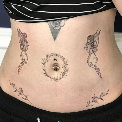 Linework Stomach Tattoo, Stomach Tattoos Ornamental, Dainty Stomach Tattoos, Ornamental Belly Tattoo, Belly Reference, Fairy Stomach Tattoo, Contour Tattoo, Dotwork Stomach Tattoo, Womb Tattoo