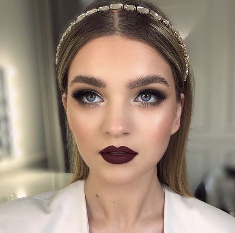 Dark Wedding Makeup For Green Eyes, Emo Wedding Makeup, Gothic Bride Hair, Dark Lip Bridal Makeup, Moody Wedding Makeup Blue Eyes, Dark Wedding Makeup Brides, Dark And Moody Wedding Makeup, Alt Bridesmaid Makeup, Moody Romantic Wedding Makeup