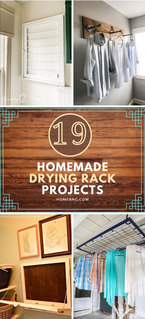 DIY Drying Racks can be a great way to adopt environmentally-friendly laundry practices without sacrificing style. These racks offer a convenient way to dry delicates or replace your electric dryer, helping you save on electricity usage. What's even better is that these 19 DIY drying racks are not only functional but also look divine. By using these drying racks, you can upgrade both your laundry routine and laundry room. Hanging Clothes Racks Laundry Room, Laundry Room Ideas For Hanging Wet Clothes, Drying Rack Above Washer And Dryer, Diy Drying Rack Laundry Small Spaces, Diy Laundry Room Hanging Rod, Drying Racks For Small Laundry Rooms, Diy Clothes Dryer Rack, Diy Ceiling Mounted Drying Rack, Sweater Drying Rack Ideas