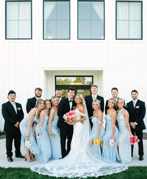 Bridal Party Mismatched, Gray Wedding Party, Slate Blue Bridesmaid Dresses, Ice Blue Bridesmaid Dress, Black Tuxedo Wedding, Wedding Palettes, Light Blue Bridesmaid Dresses, Light Blue Bridesmaid, Bridal Parties Colors