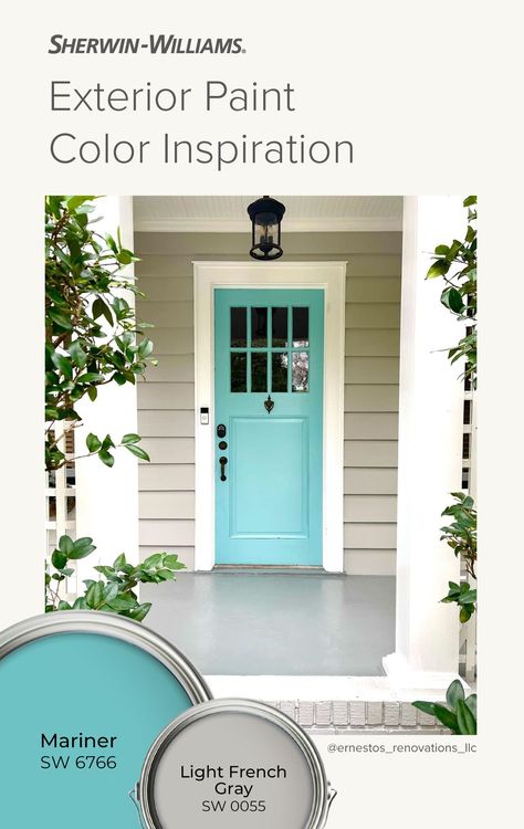 Beach House Exterior Paint Colors, House Paint Exterior Colour Schemes, Beach House Exterior Colors, Beach House Colors, Porch Colors, Exterior House Paint Color Combinations, Front Door Paint Colors, Exterior Color Schemes, Beach House Exterior