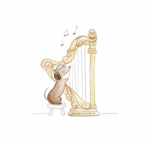 Harp Drawing, Harp Illustration, Harp Art, Playing The Harp, Anime Scenes, Dog Playing, The Harp, Music Illustration, Big Bird