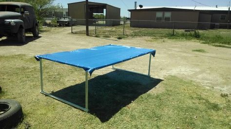 Diy dog shade. Pvc and a tarp Diy Dog Shade, Shade For Dogs, Dog Maltipoo, Dog Backyard, Dogs House, Shade Ideas, Doggie Daycare, Elevated Dog Bed, Outdoor Dog Bed