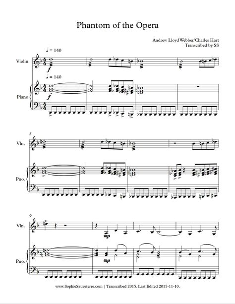 Phantom of the Opera – Andrew Lloyd Webber – Violin and Piano Arrangement – Sophie Sauveterre Phantom Of The Opera Piano, Andrew Lloyd Webber, Piano Parts, Violin Parts, Free Piano, Pdf Book, The Opera, Phantom Of The Opera, Piano Sheet