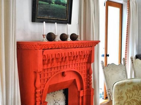 orange painted fireplace Painted Fireplace, Fireplace Mantel Designs, Painted Brick Fireplaces, Cabin Fireplace, Paint Fireplace, Mantel Design, Interior Remodel, Fireplace Hearth, Interior Design Photos