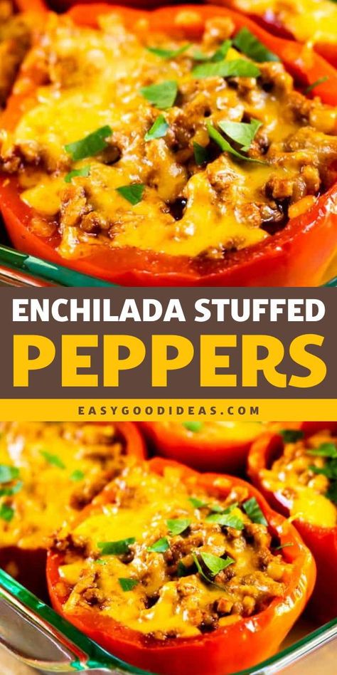 These Enchilada Stuffed Peppers are a simple meal idea for dinner the whole family will love! This stuffed pepper recipe is a great addition to your easy dinner meals! Save this pin. Clean Eating Stuffed Bell Peppers, Stuffed Bell Pepper Lasagna, Recipes For Stuffed Peppers, Avacodo Recipe Idea Dinner, Stuffed Bell Peppers Mexican, Recipes Using Peppers, Stuffed Peppers No Rice, Recipes With Bell Peppers, Recipes With Peppers