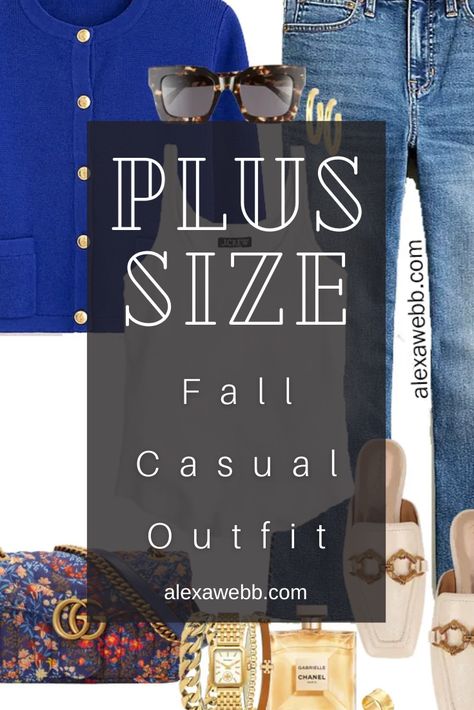 Plus Size Lady Jacket Outfits - Part 2 - A plus size outfit for fall with a bright blue lady jacket from J.Crew with demi-boot jeans and mules by Alexa Webb. Blue Plus Size Outfits, Plus Size Jean Jacket Outfits, Plus Size Fall Casual, Plus Size Jean Jacket, Meghan Markle Outfits, Hot Pink Bag, Alexa Webb, Green Jacket Women, Lady Jacket