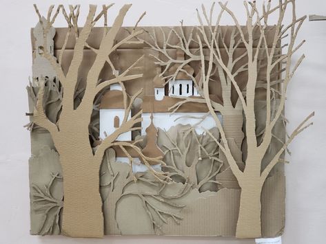 Relief Cardboard Art, Cardboard Relief Sculpture Landscape, Cardboard Art Painting, Cardboard Relief Sculpture, Cardboard Cutout Art, Cardboard Landscape, Cardboard Art Projects, Cardboard Relief, Cardboard Art Sculpture