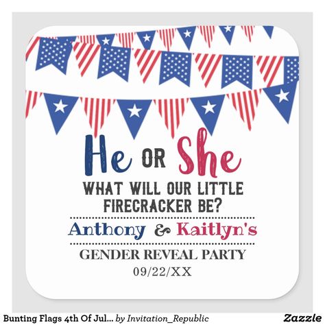 4th Of July Gender Reveal, Party Stickers, Bunting Flags, Gender Reveal Invitations, Reveal Ideas, Reveal Party, Create Custom Stickers, Reveal Parties, Gender Reveal Party