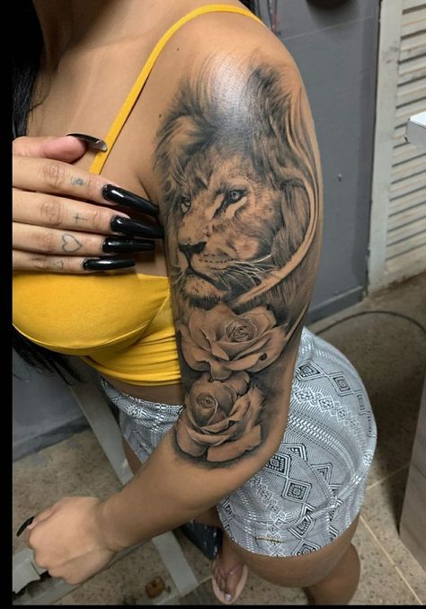 Lion Shoulder Tattoo, Thigh Piece Tattoos, Baddie Tattoos, Arm Tattoos Black, Arm Sleeve Tattoos For Women, Feminine Tattoo Sleeves, Cute Hand Tattoos, Tattoos For Women Half Sleeve, Spine Tattoos For Women